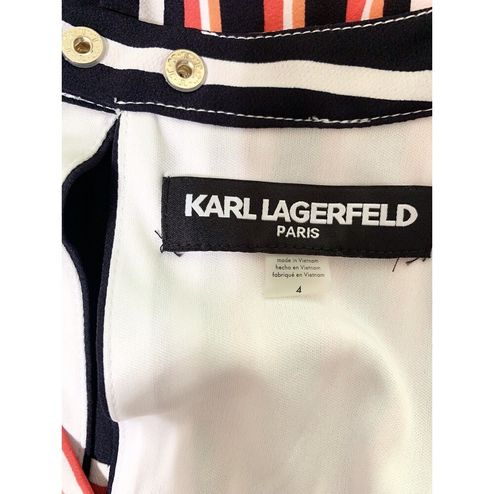 Karl Lagerfeld Size 4 Striped Asymmetrical Handkerchief Hem Dress Faux Wrap - Picture 9 of 14